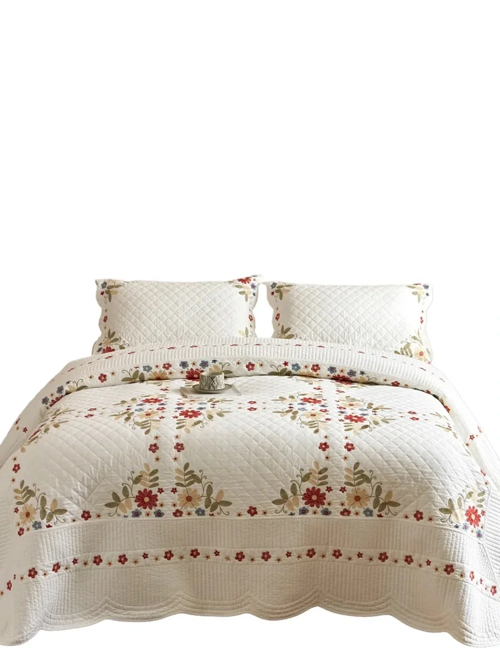 3 piece 100% cotton embroidered cottage floral Queen quilt set